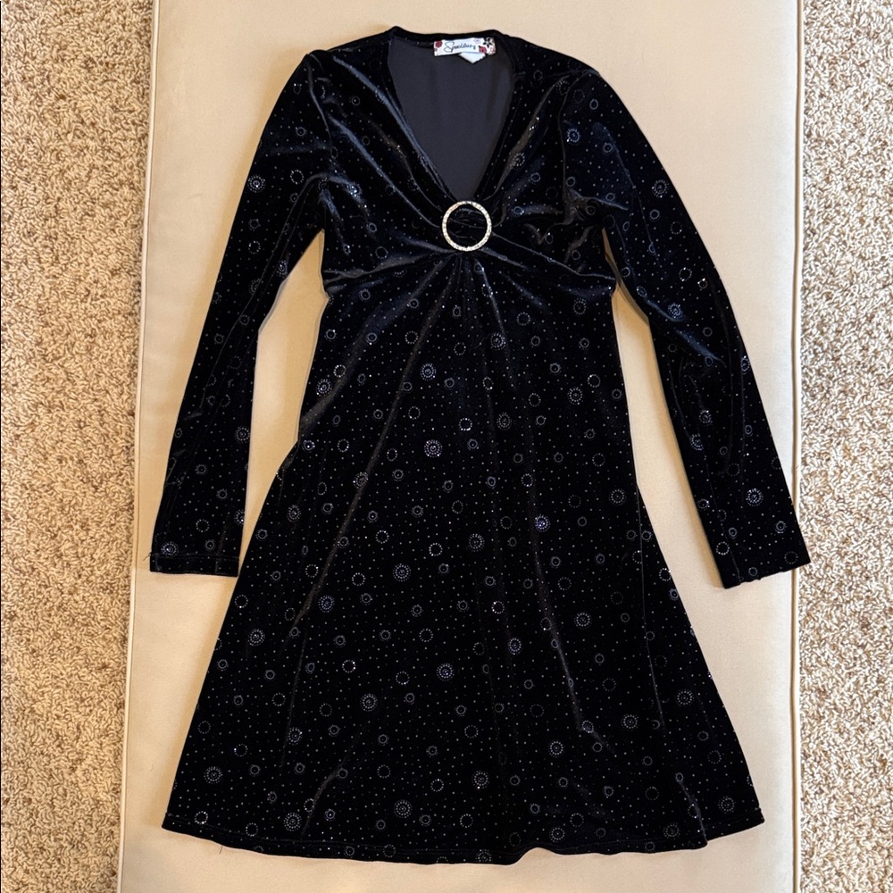 Girl’s Black Velvet Dress with Silver Ring Detail - S
